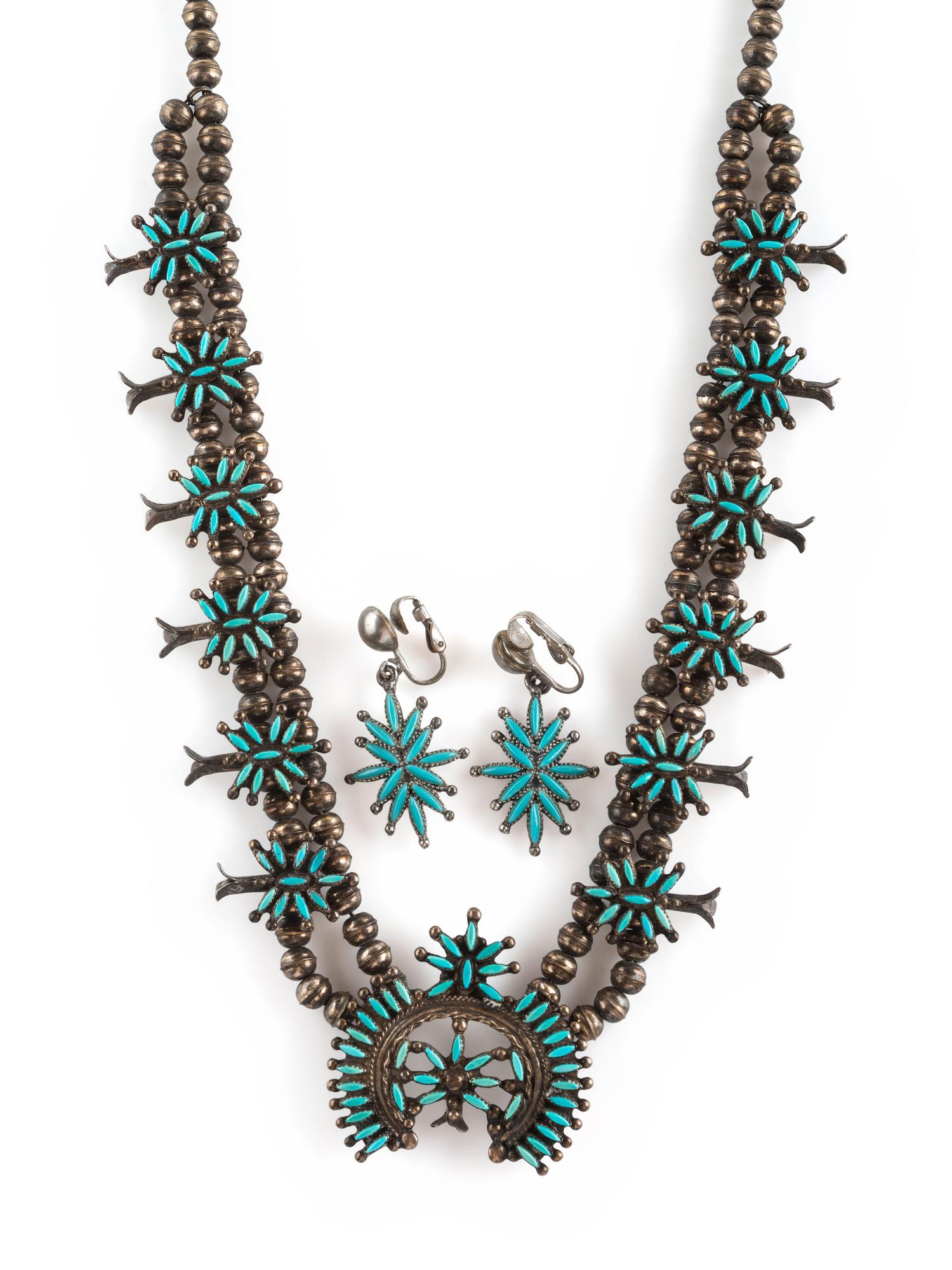 Petite Silver and Needle Point Squash Blossom Necklace and Clip Earrings