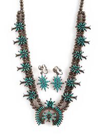 Petite Silver and Needle Point Squash Blossom Necklace and Clip Earrings