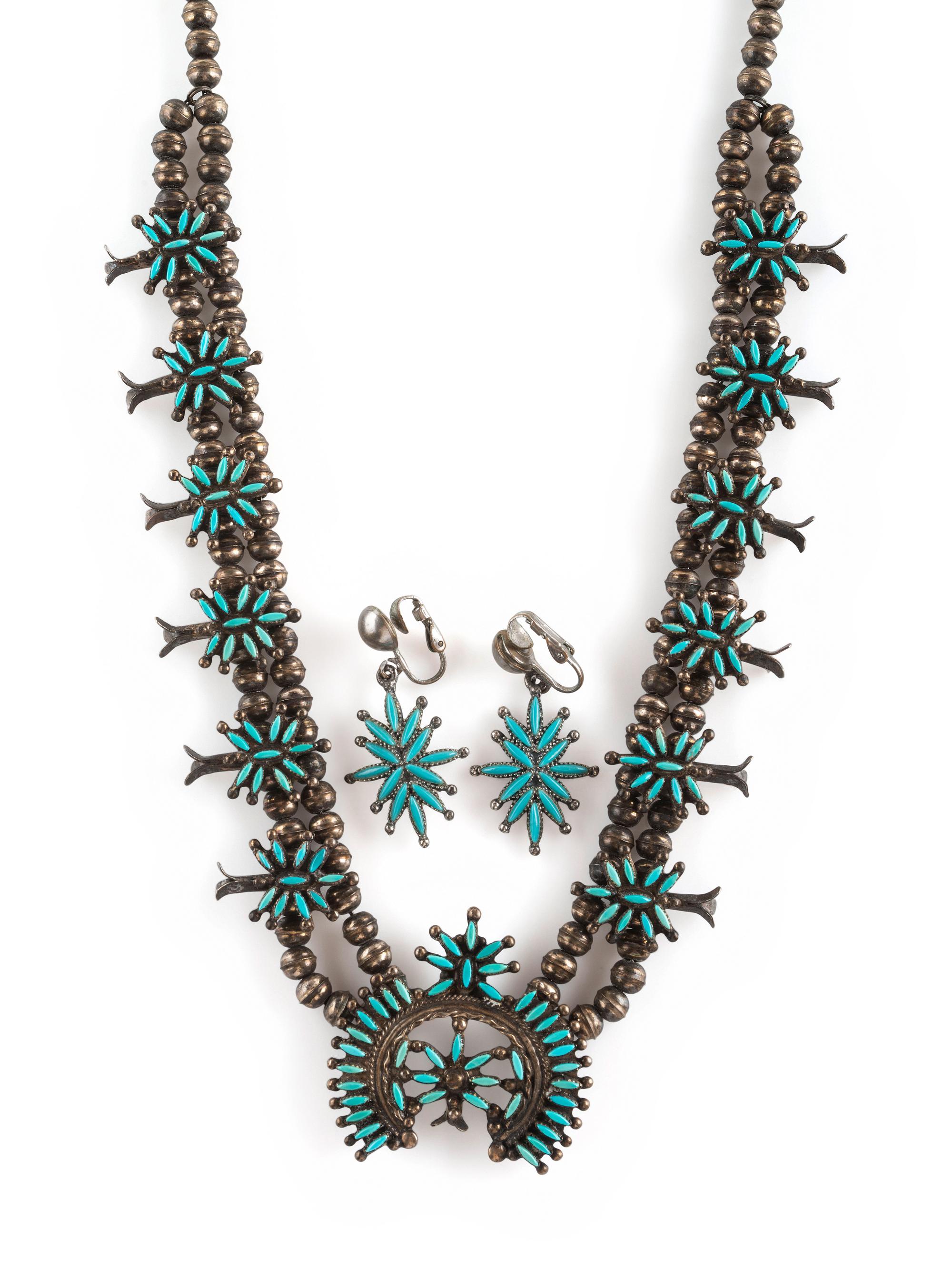 Petite Silver and Needle Point Squash Blossom Necklace and Clip Earrings