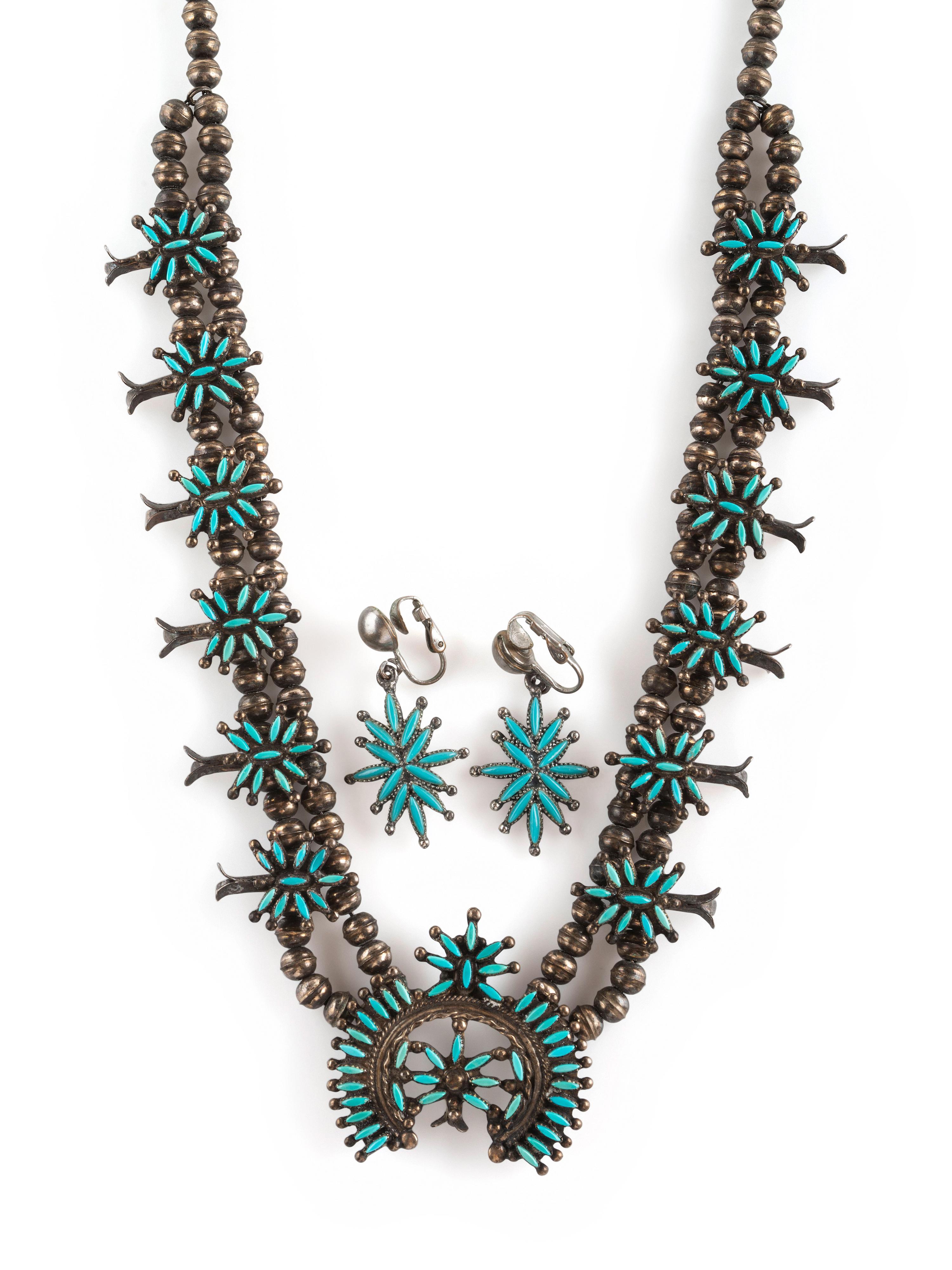 Petite Silver and Needle Point Squash Blossom Necklace and Clip Earrings