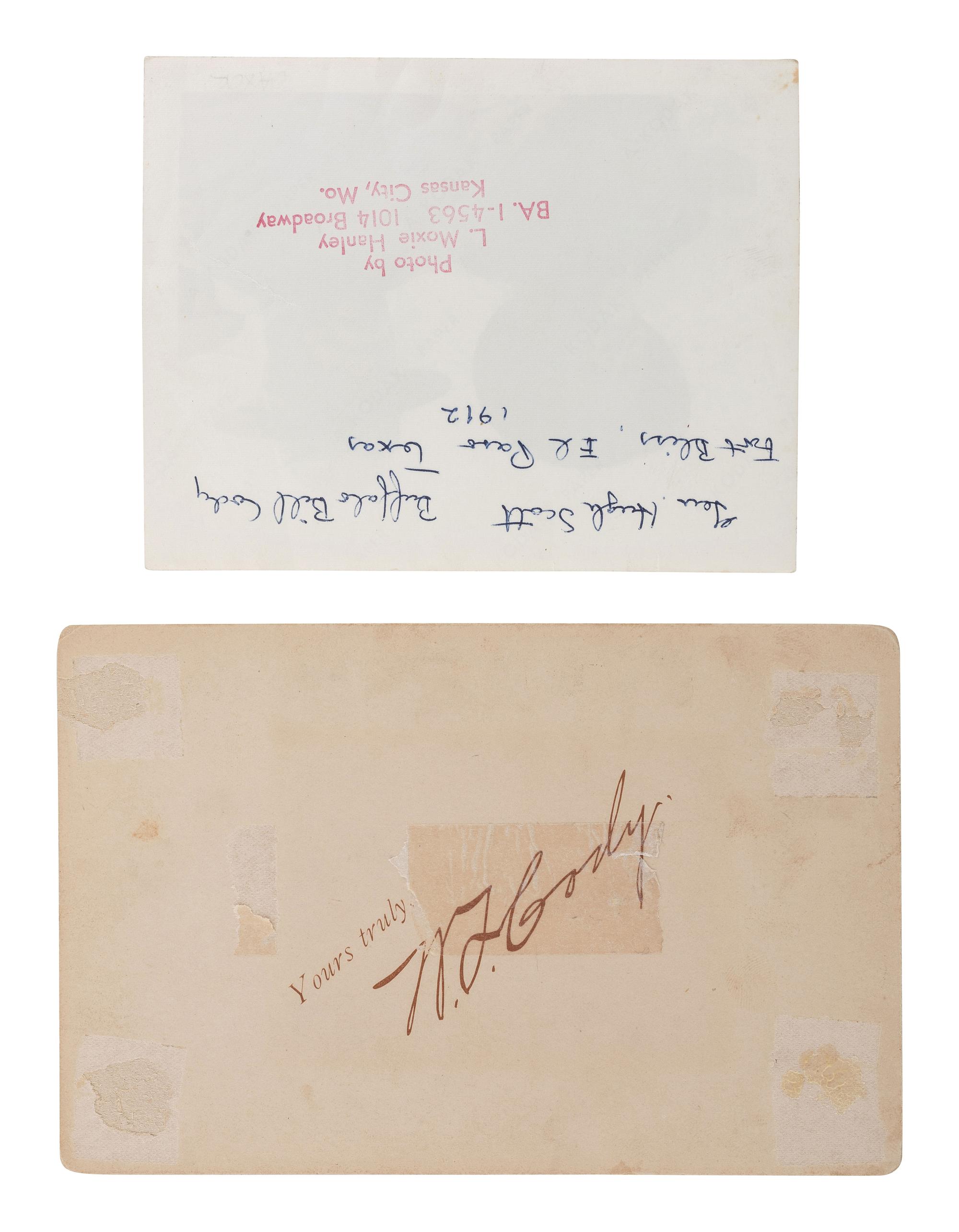 [WILD WEST SHOWS]. A group of 2 photographs of Buffalo Bill Cody, incl. cabinet card photograph by Stacy.