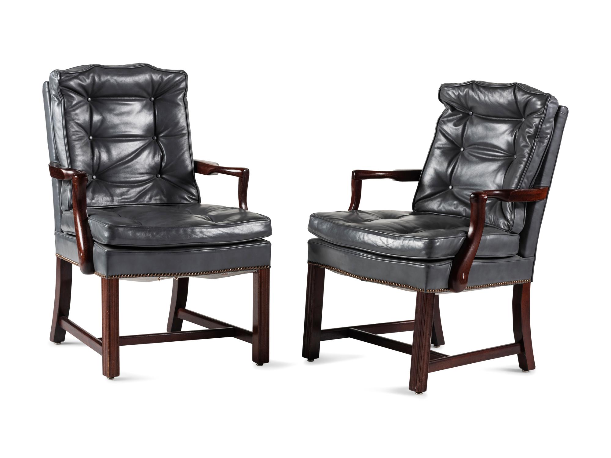 Two Regency Style Blue Leather Upholstered Chairs