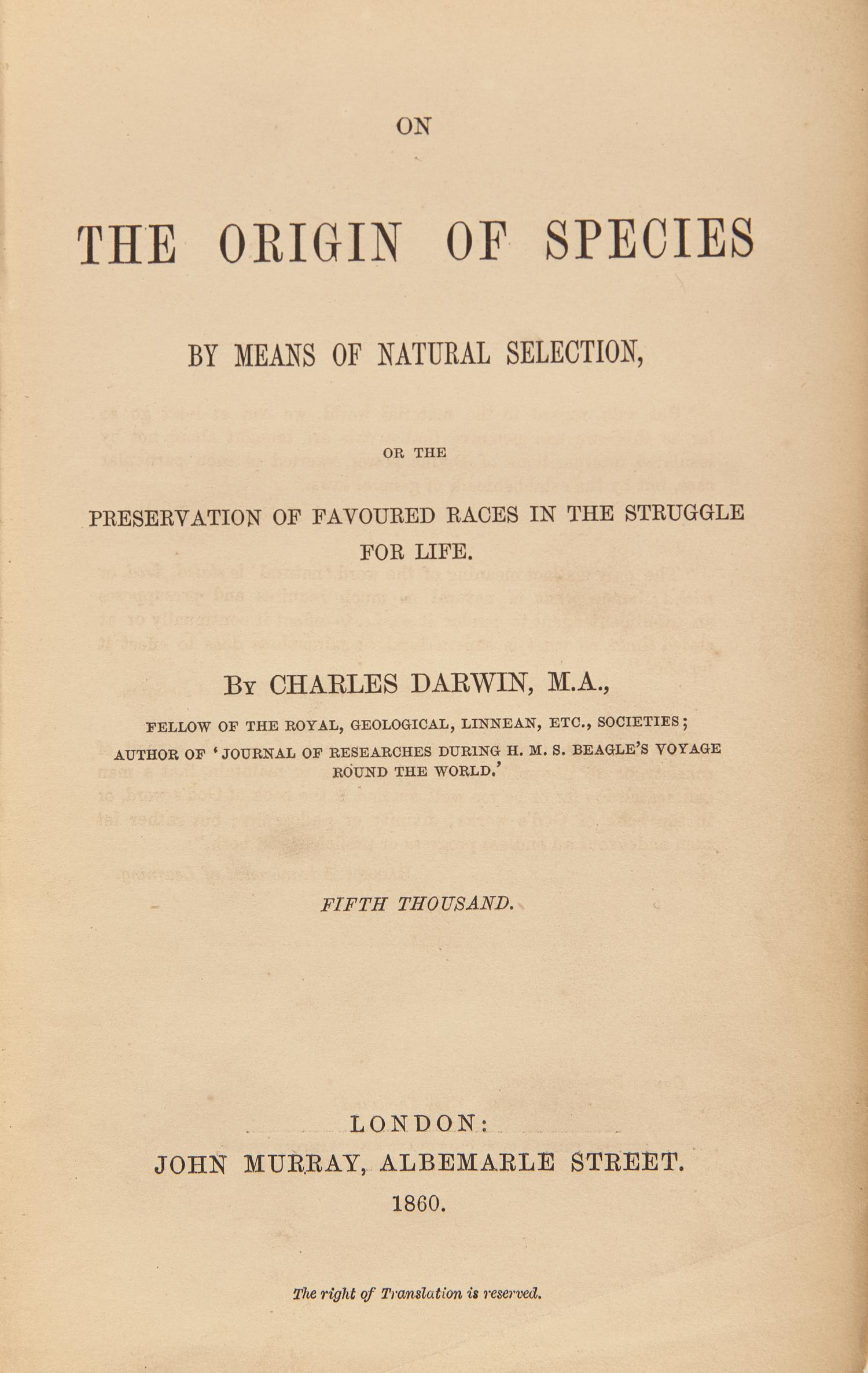 [Science, Medicine & Mathematics] Darwin, Charles. On the Origin of Species by Means of Natural Selection...
