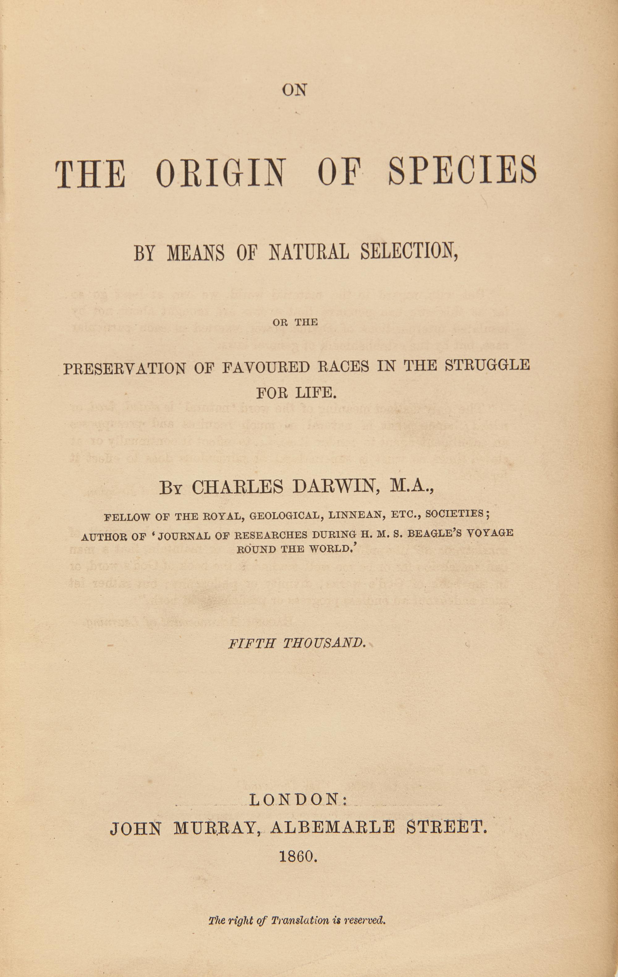 [Science, Medicine & Mathematics] Darwin, Charles. On the Origin of Species by Means of Natural Selection...