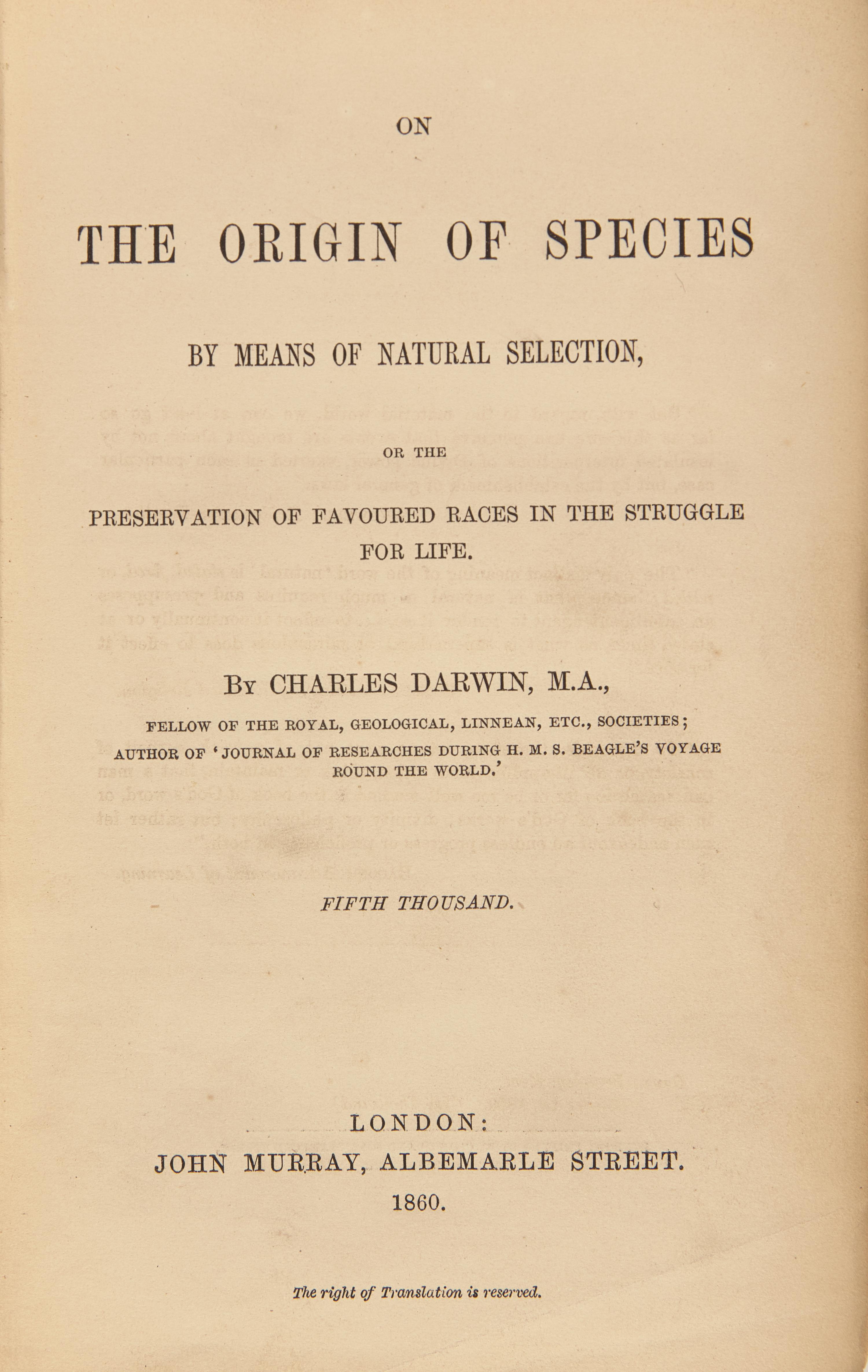 [Science, Medicine & Mathematics] Darwin, Charles. On the Origin of Species by Means of Natural Selection...