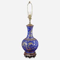 A Chinese gilt-decorated cobalt blue porcelain “Dragon” bottle vase, mounted as a lamp