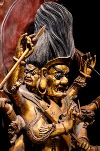 A Large Gilt and Red Lacquered Wood Figure of Mahakala