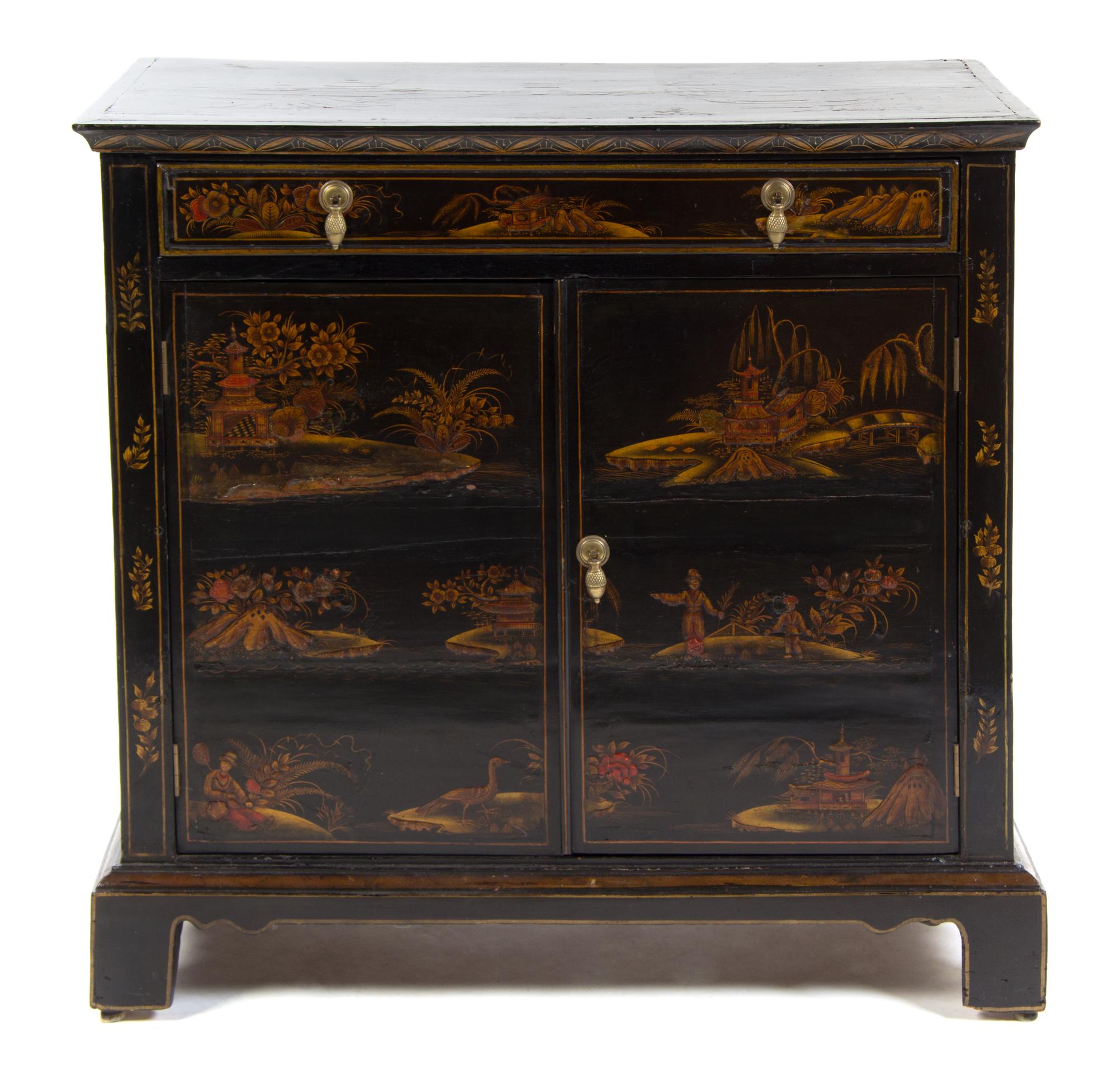 A Regency Lacquered Side Cabinet Height 34 3/4 x width 35 3/4 x depth 20 inches. — 19TH CENTURY