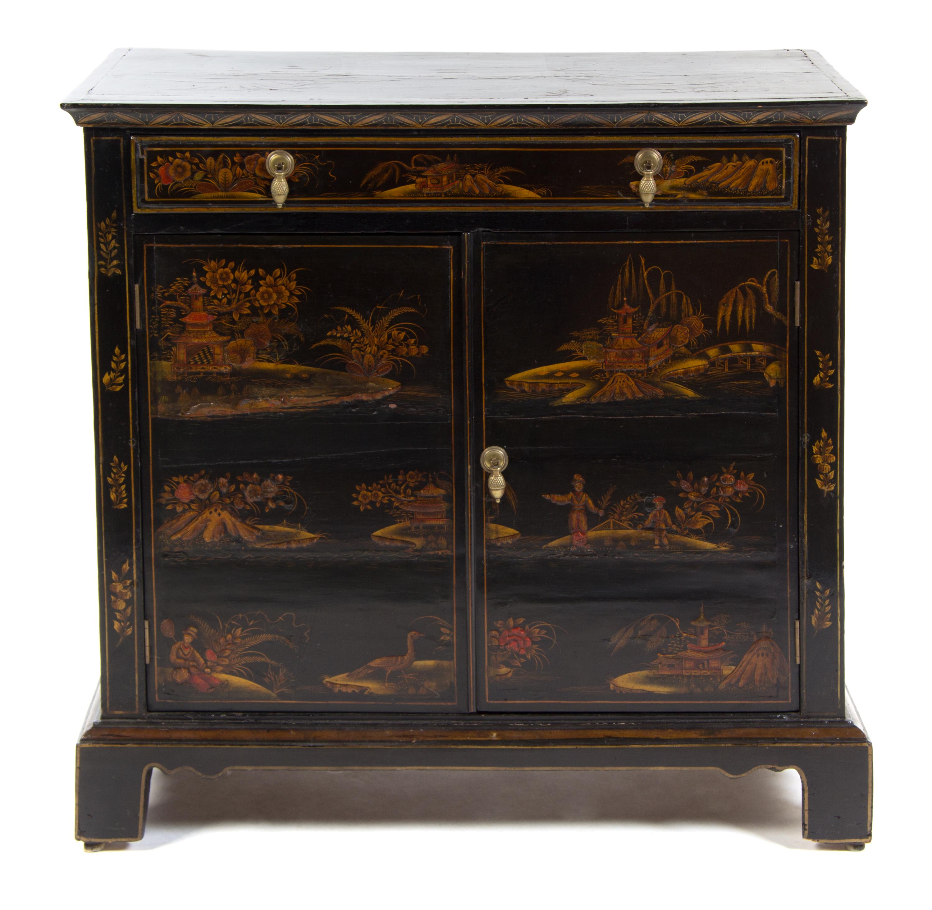 A Regency Lacquered Side Cabinet Height 34 3/4 x width 35 3/4 x depth 20 inches. — 19TH CENTURY