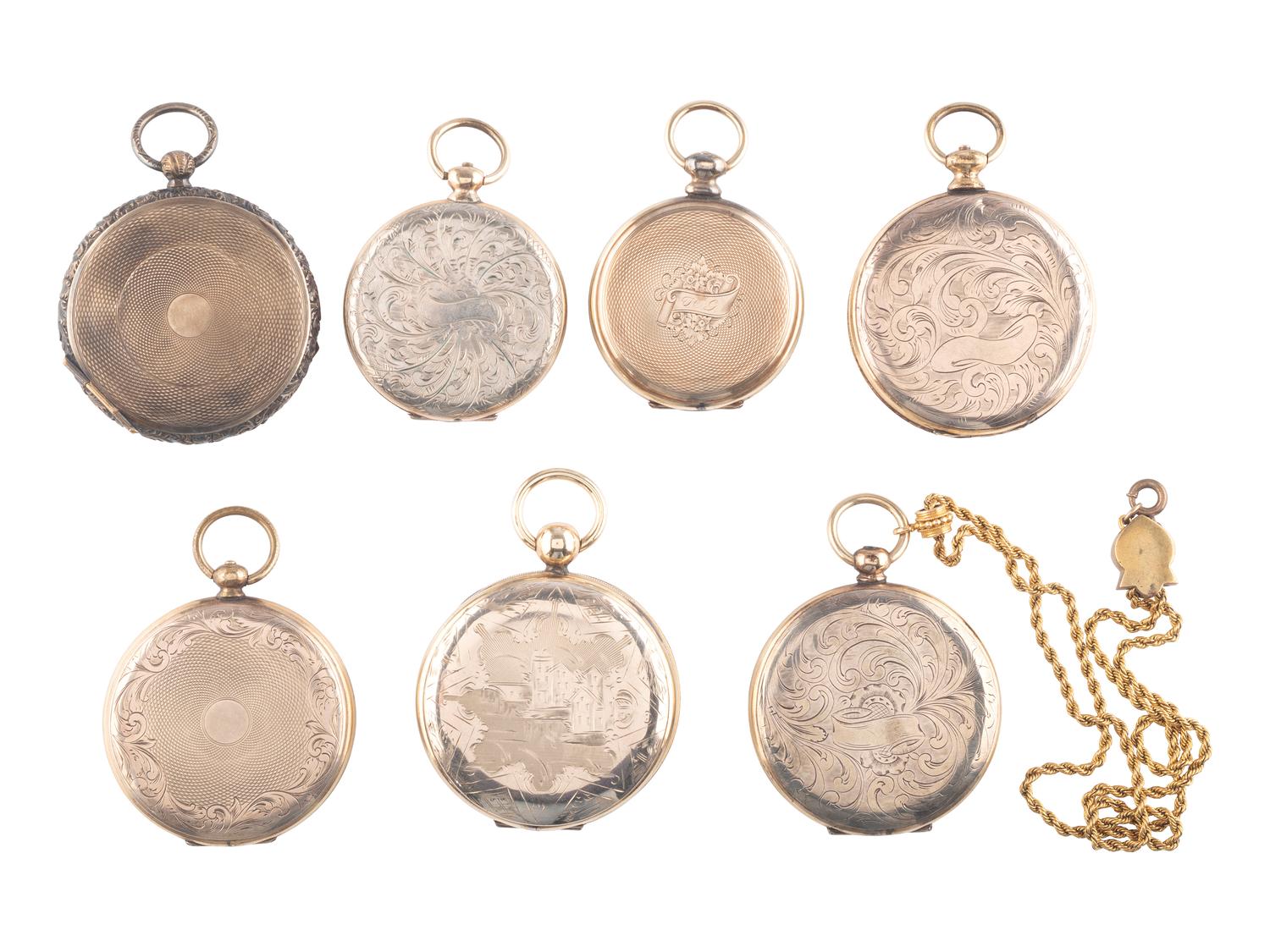 [EARLY PHOTOGRAPHY]. A group of 7 lockets containing 13 daguerreotype, ambrotype, and tintype portraits.