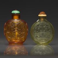 Two Chinese Carved Glass Snuff Bottles, 18th Century and Possibly Later — 清中期及以後 料器鼻煙壺兩支
