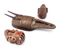 Two African Carved Wood Masks and a Covered Vessel