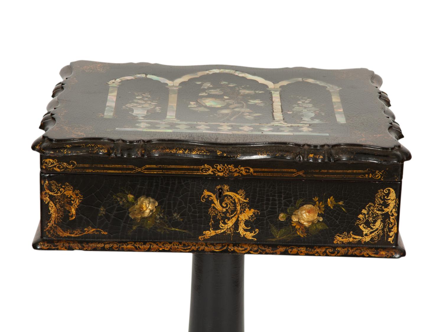 An English Victorian Black and Gilt Chinoiserie Sewing Table with Mother-of-Pearl Inlay