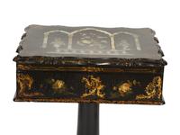 An English Victorian Black and Gilt Chinoiserie Sewing Table with Mother-of-Pearl Inlay