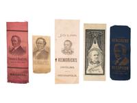 [HENDRICKS, Thomas (1819-1885)]. A collection of ephemera related to Thomas A. Hendricks, featuring ribbons and telegram from his death in 1885.