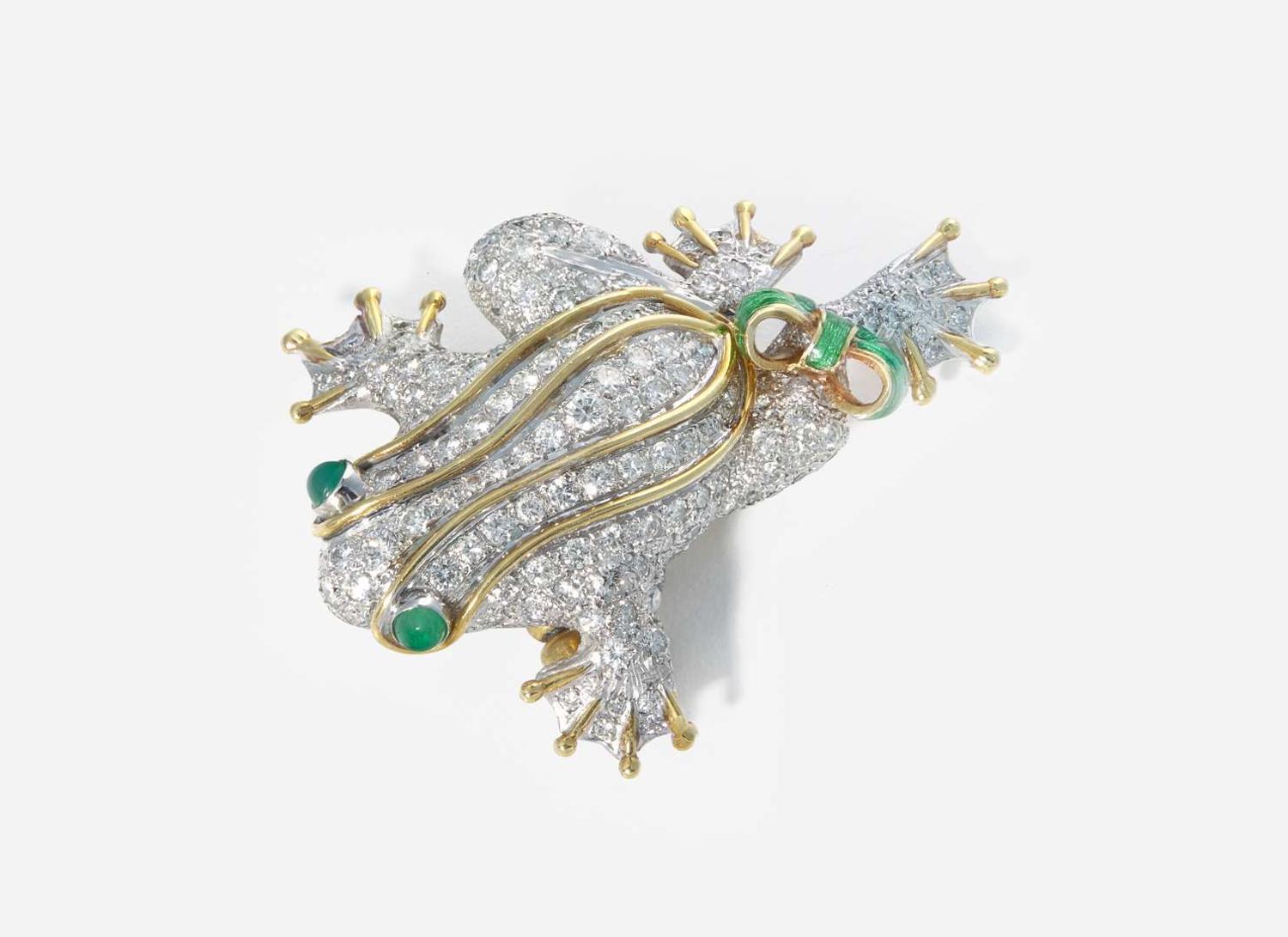 A Two-Tone 18K Gold, Diamond, Emerald, and Enamel Brooch