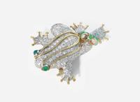 A Two-Tone 18K Gold, Diamond, Emerald, and Enamel Brooch