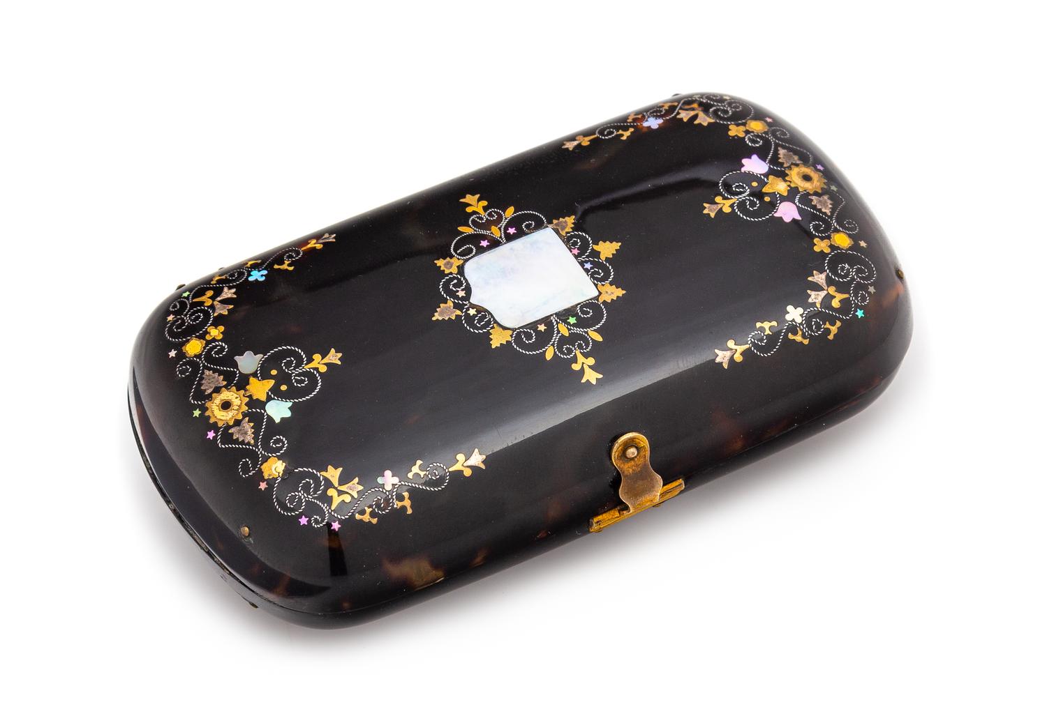 A Victorian Mother-of-Pearl and Gilt Metal Inlaid Tortoise Shell Change Purse Width 4 inches. — 19TH CENTURY