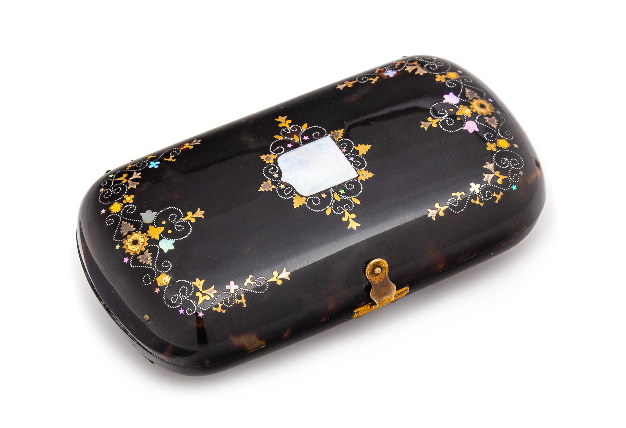 A Victorian Mother-of-Pearl and Gilt Metal Inlaid Tortoise Shell Change Purse Width 4 inches. — 19TH CENTURY