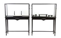 A Pair of Neoclassical Painted Vitrine Cabinets, Height 49 1/2 x width 64 1/4 x depth 21 1/2 inches.