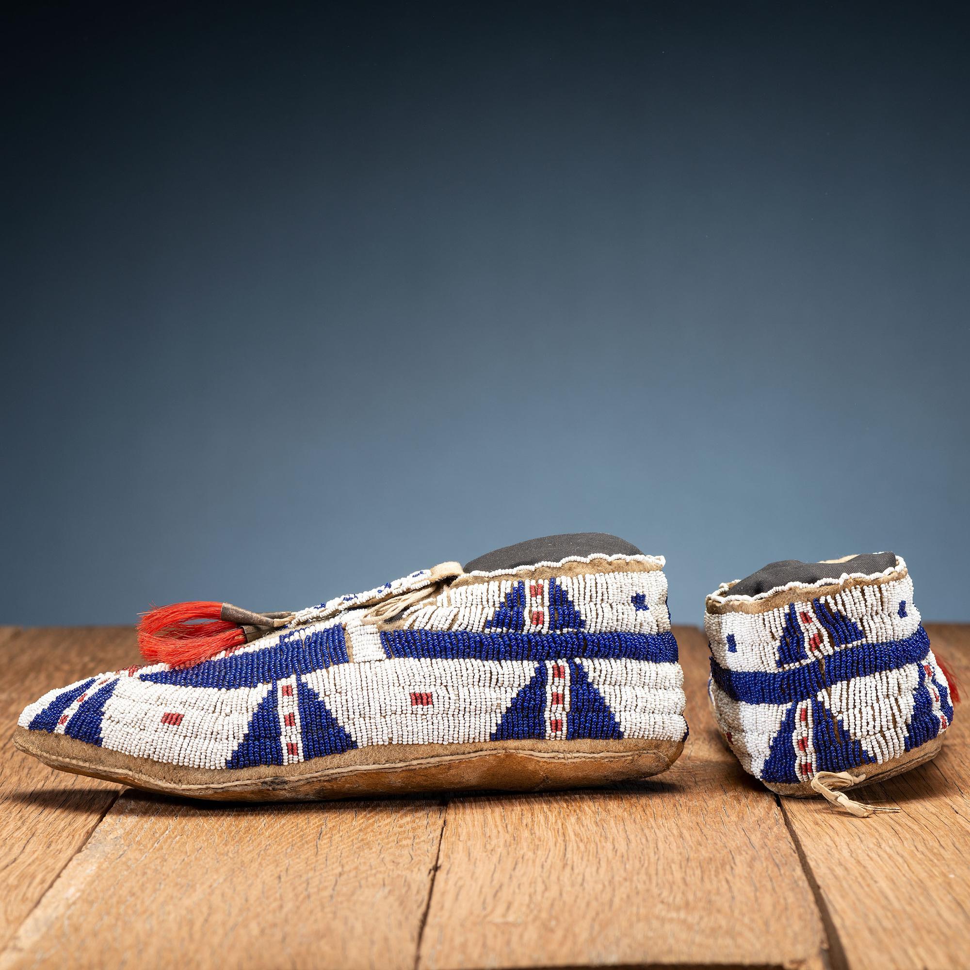 Sioux Beaded Hide Moccasins, with Bifurcated Tongues