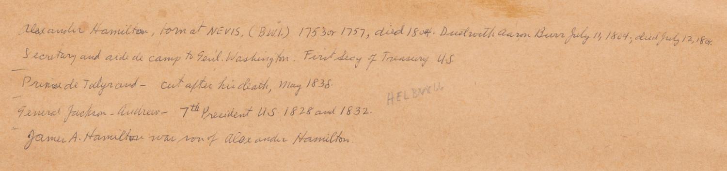 (RELIC) FOUNDING FATHERS. Locks of hair of Washington, Hamilton, Jackson and Talleyrand. w/letter of pres. fr. James Hamilton, 1865.