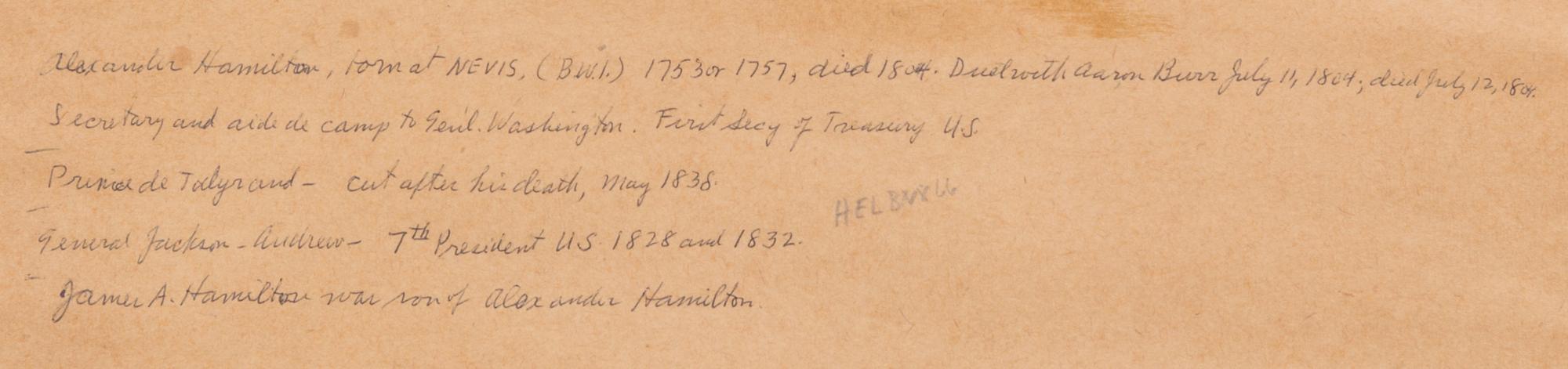 (RELIC) FOUNDING FATHERS. Locks of hair of Washington, Hamilton, Jackson and Talleyrand. w/letter of pres. fr. James Hamilton, 1865.