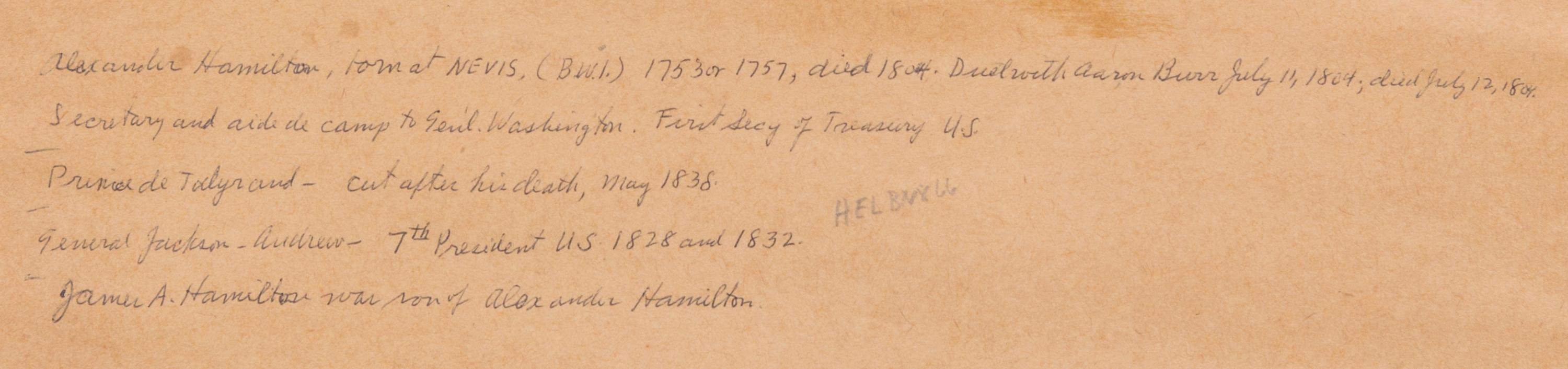(RELIC) FOUNDING FATHERS. Locks of hair of Washington, Hamilton, Jackson and Talleyrand. w/letter of pres. fr. James Hamilton, 1865.