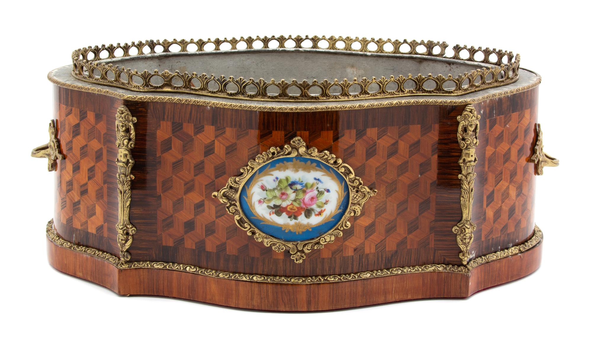 A Louis Philippe Porcelain-Mounted Parquetry Cartouche-Form Jardinière