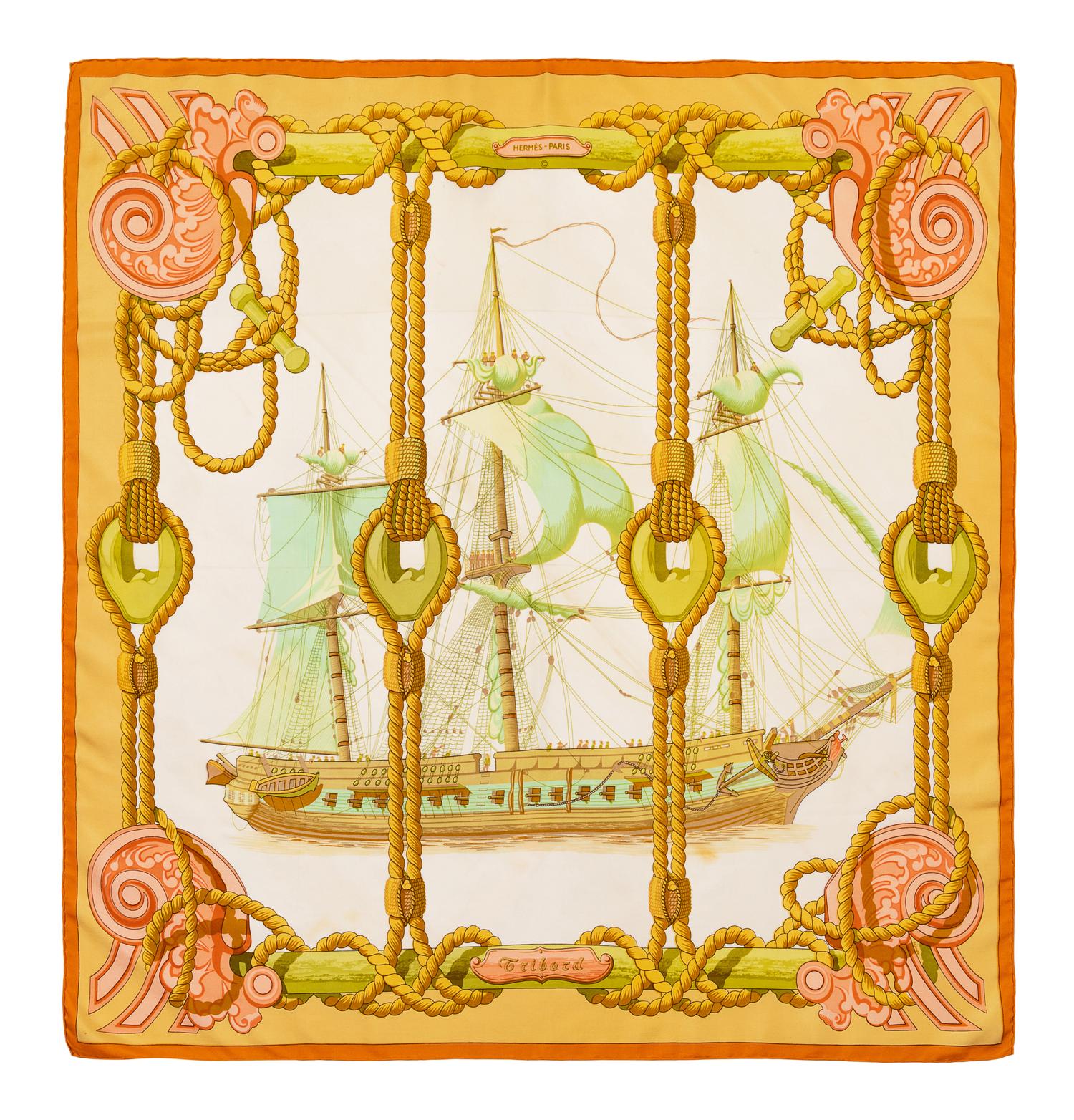 Hermes scarf, pink, green, and yellow with orange border.