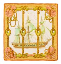 Hermes scarf, pink, green, and yellow with orange border.
