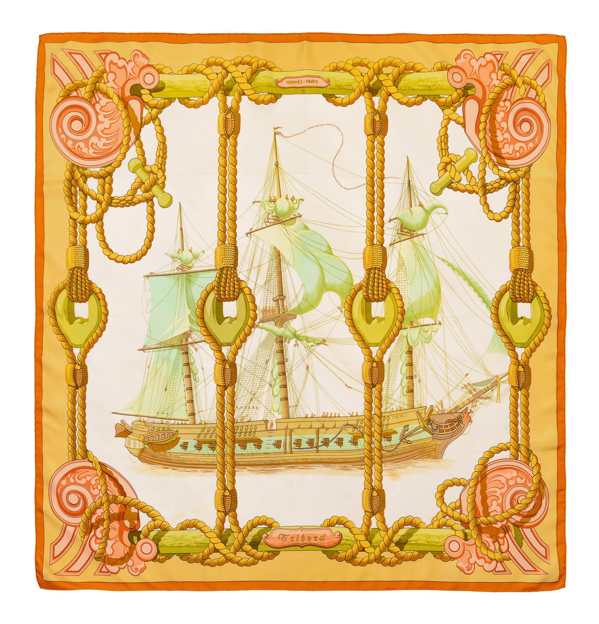Hermes scarf, pink, green, and yellow with orange border.