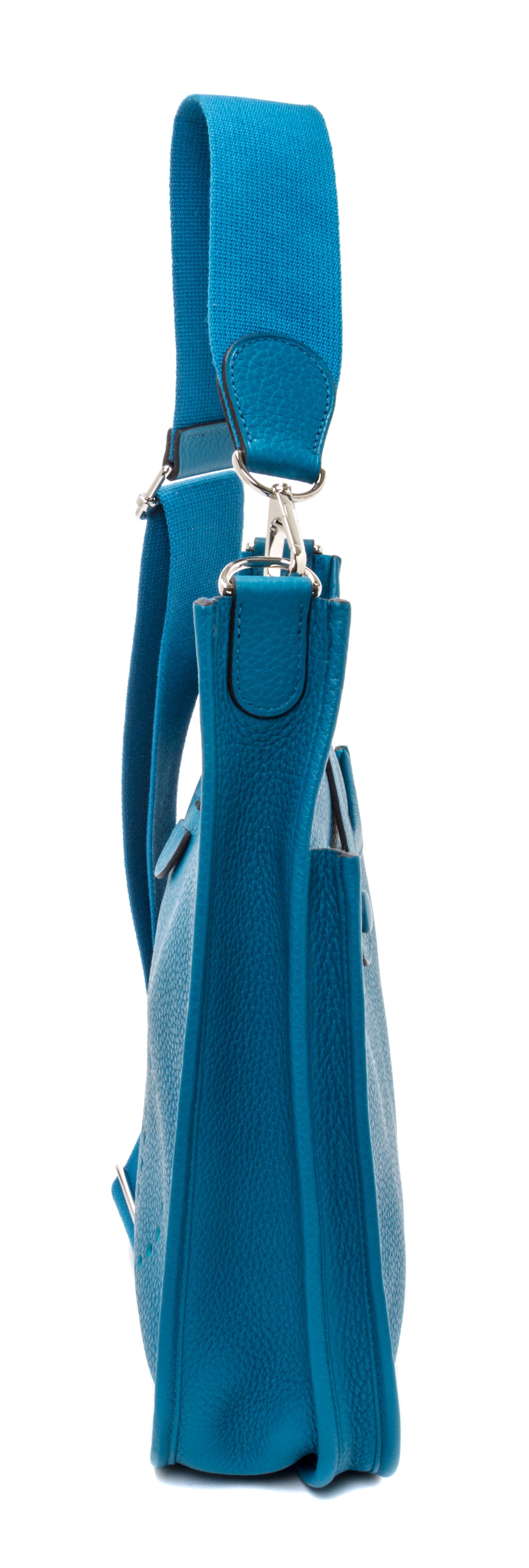 An Hermes Bleu Izmir Taurillon Clemence Evelyne III PM Handbag, 11.25" x 12" x 2.5".