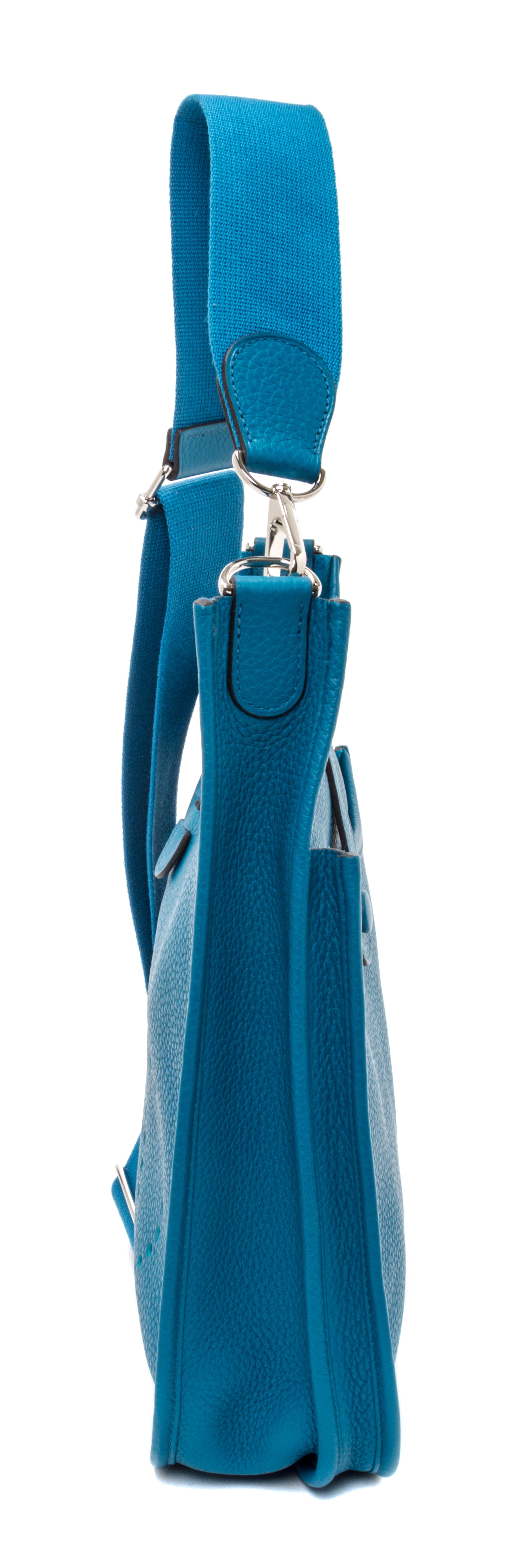 An Hermes Bleu Izmir Taurillon Clemence Evelyne III PM Handbag, 11.25" x 12" x 2.5".