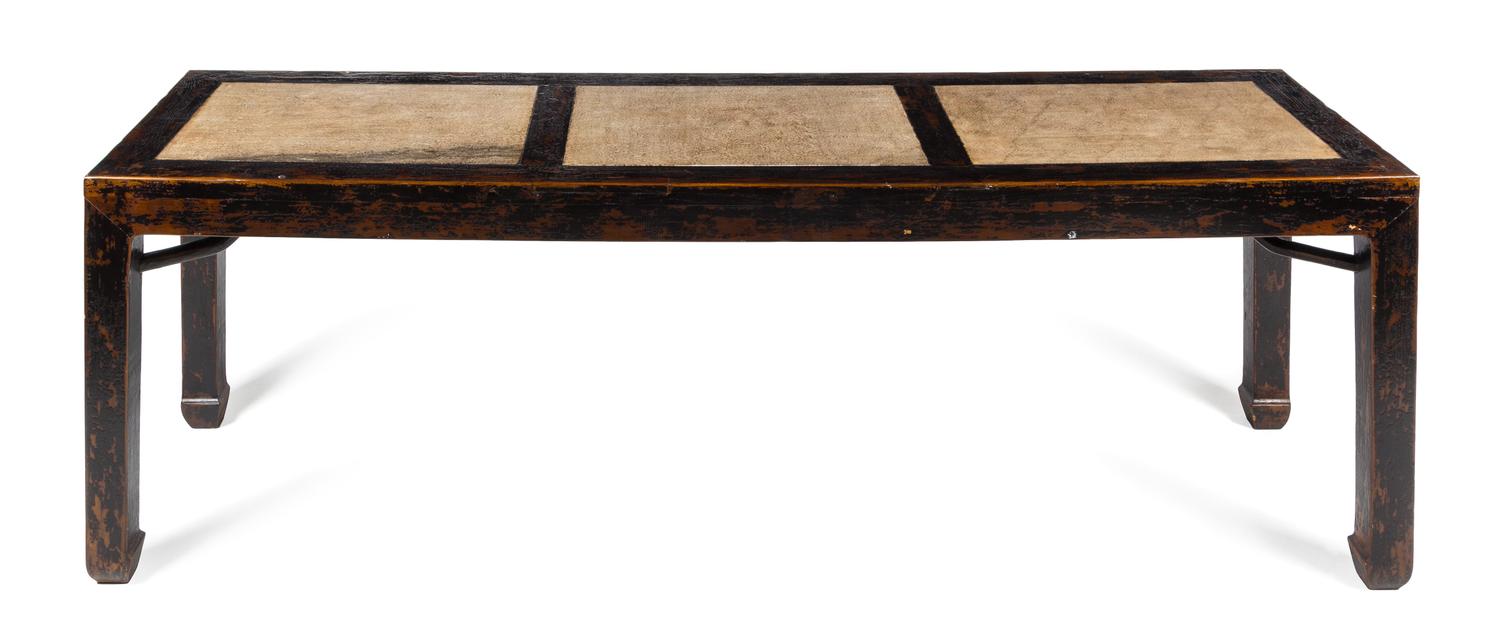 A Large Chinese Marble Inlaid Lacquered Elmwood Painting Table Height 31 x length 94 1/2 x width 27 1/2 inches. — 19TH CENTURY