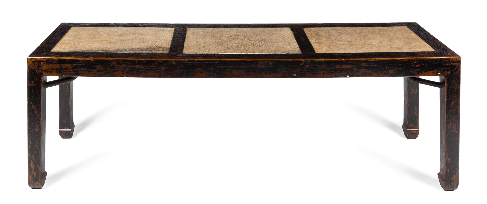 A Large Chinese Marble Inlaid Lacquered Elmwood Painting Table Height 31 x length 94 1/2 x width 27 1/2 inches. — 19TH CENTURY