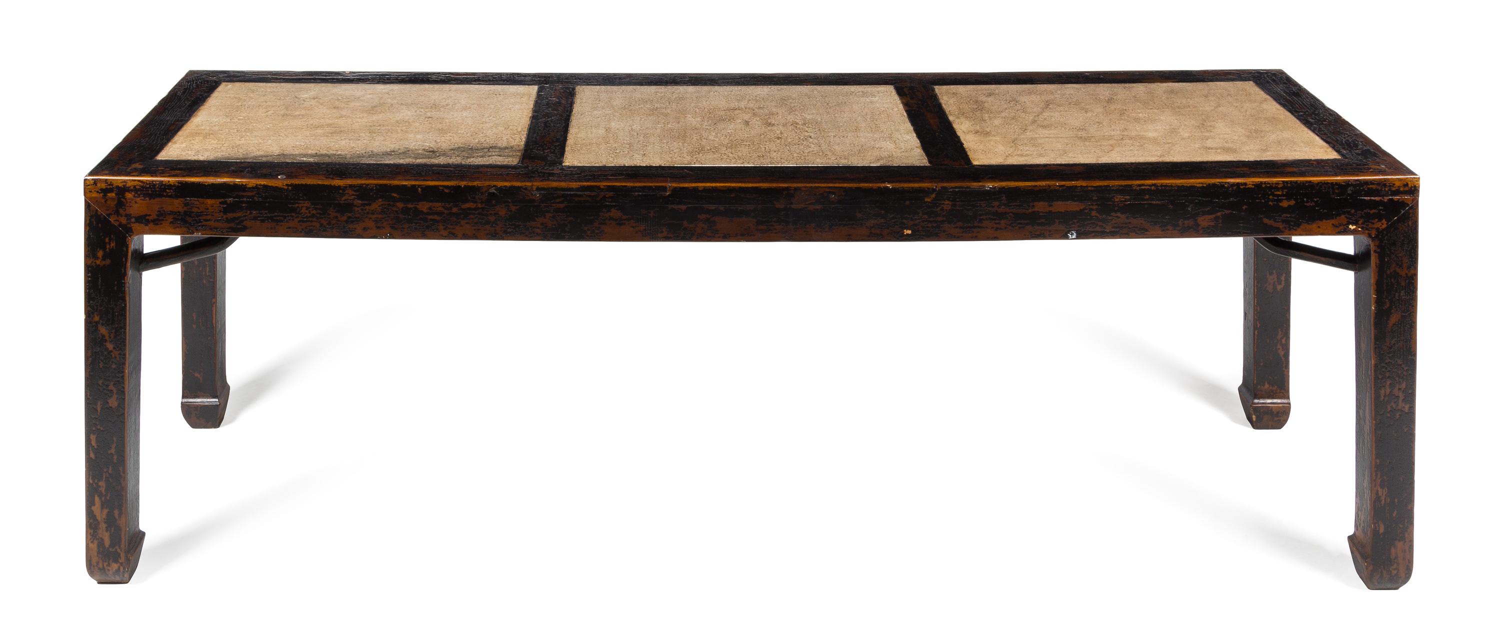 A Large Chinese Marble Inlaid Lacquered Elmwood Painting Table Height 31 x length 94 1/2 x width 27 1/2 inches. — 19TH CENTURY