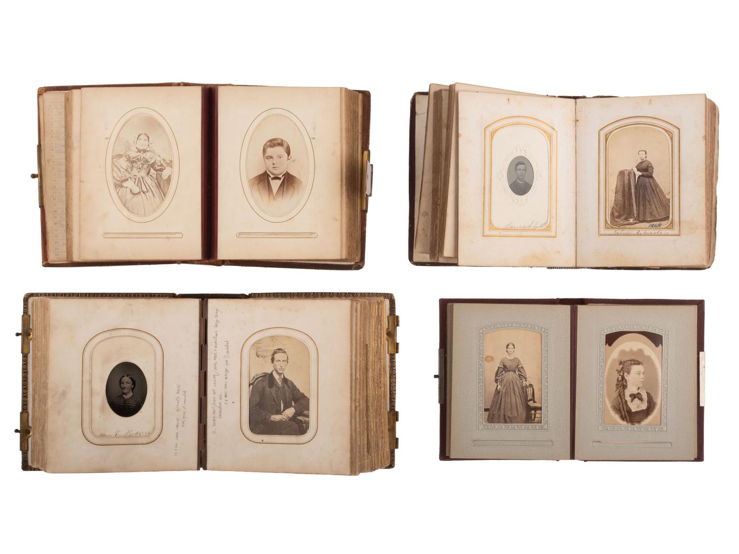 [EARLY PHOTOGRAPHY]. A group of 10 albums containing over 300 cabinet cards, CDVs, and tintypes.