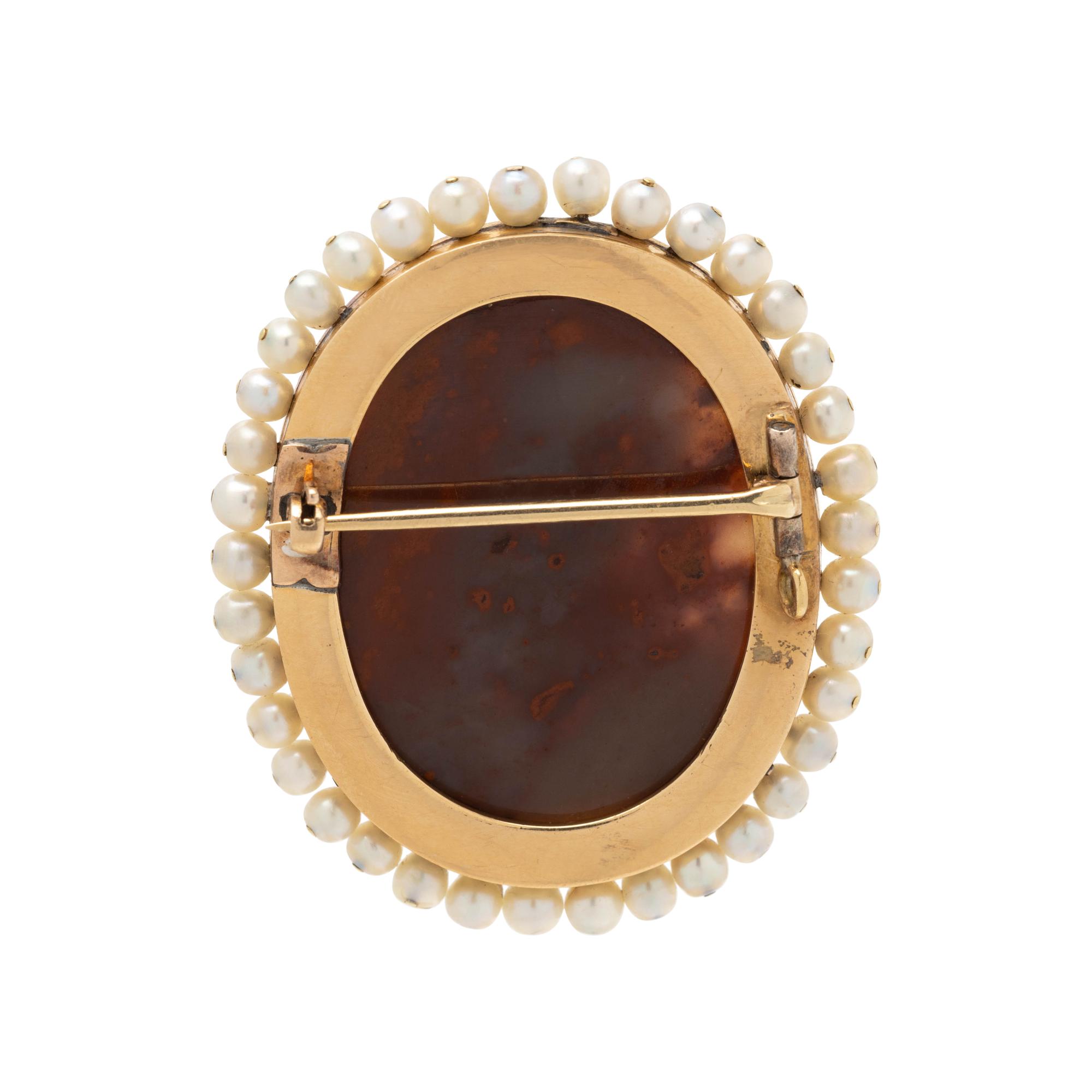 ANTIQUE, AGATE CAMEO, PEARL AND ENAMEL BROOCH