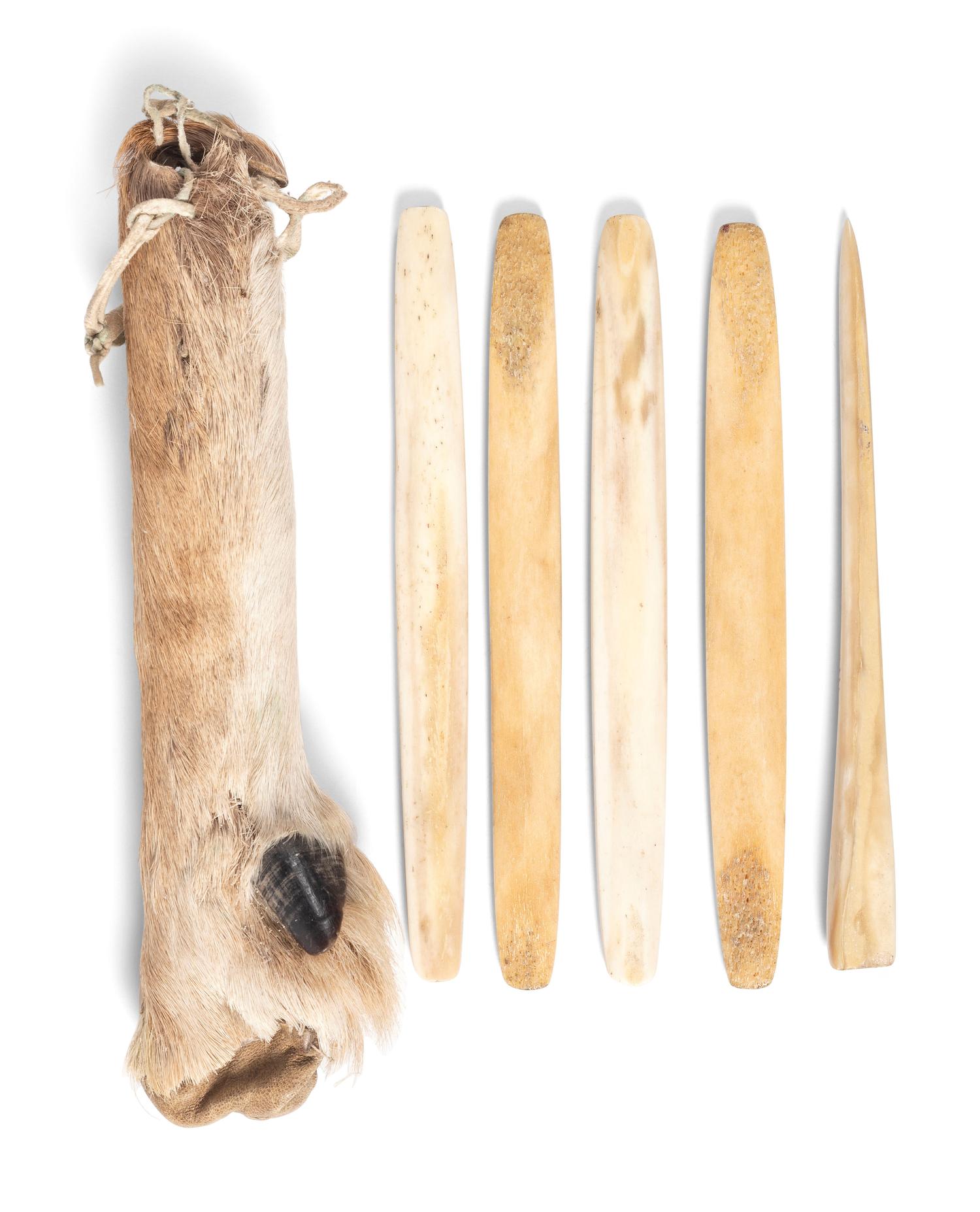 Blackfeet Hand Game Pieces, with Antelope Leg Case, From the Collection of Forrest Fenn