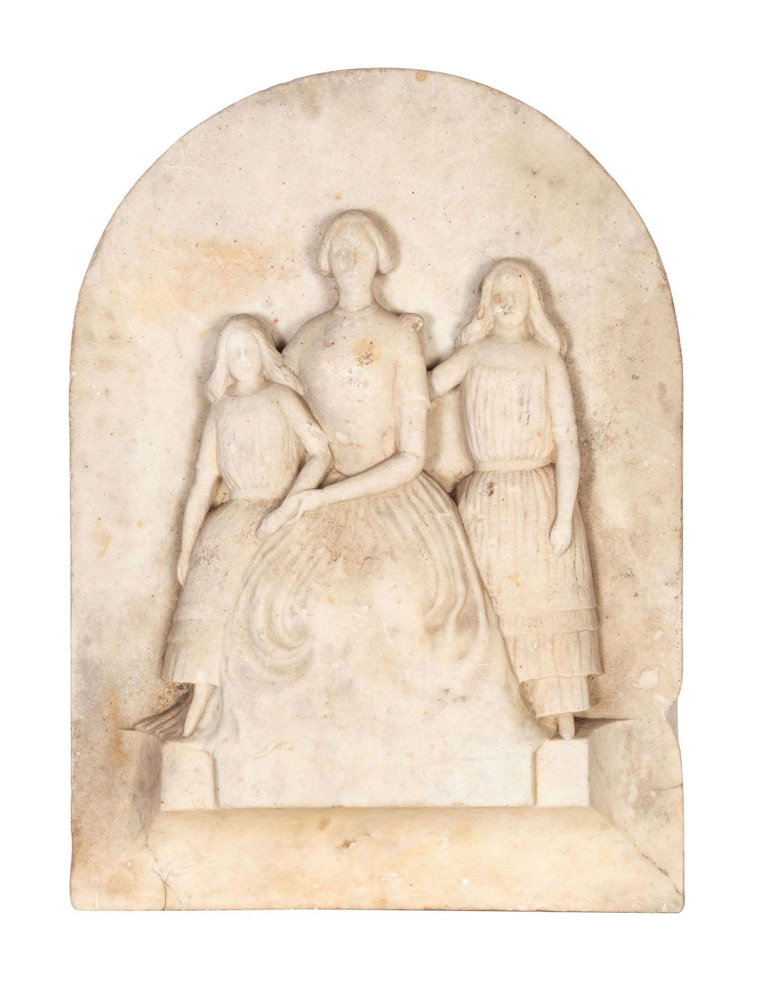 A Carved Marble Plaque of a Mother and Daughters