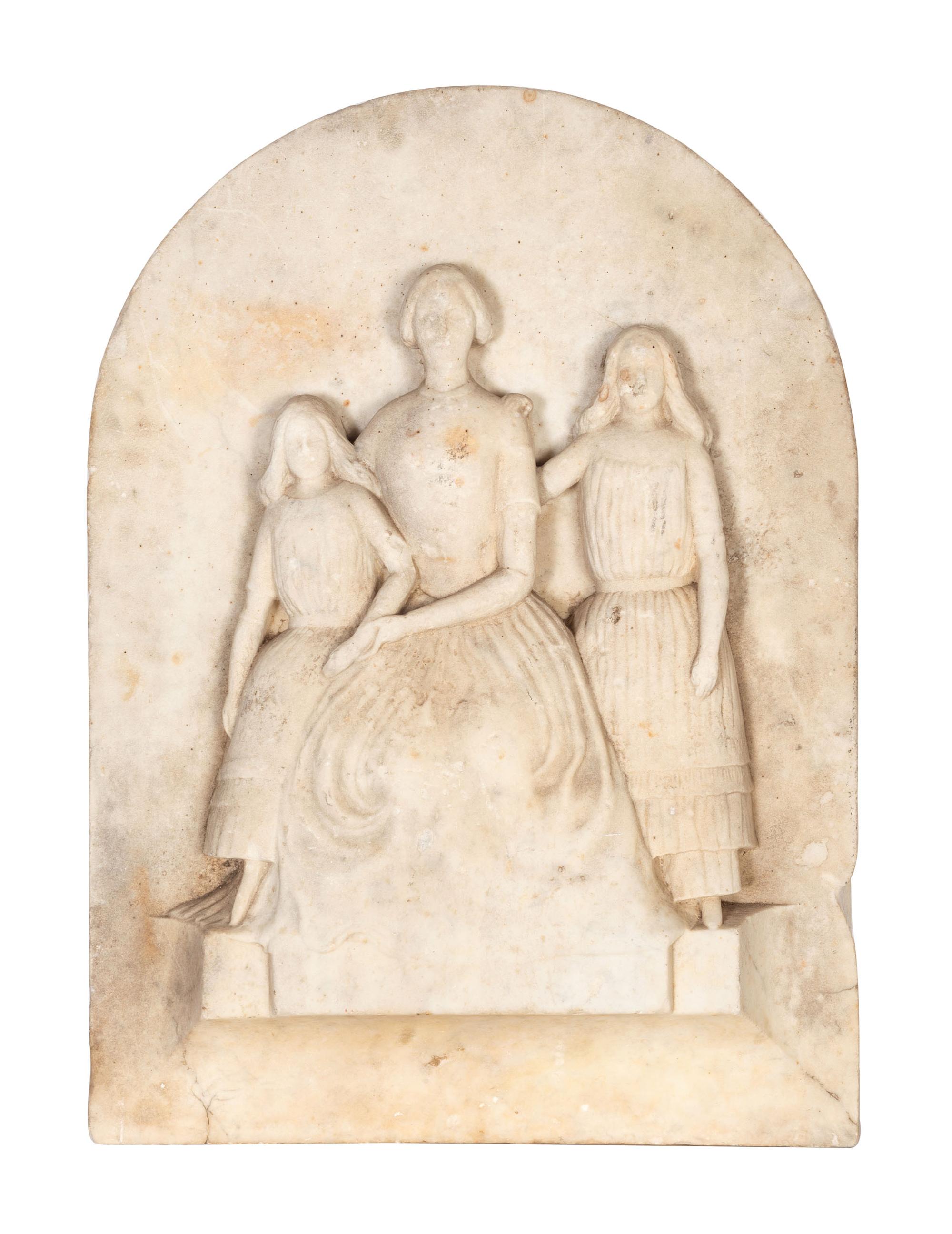 A Carved Marble Plaque of a Mother and Daughters