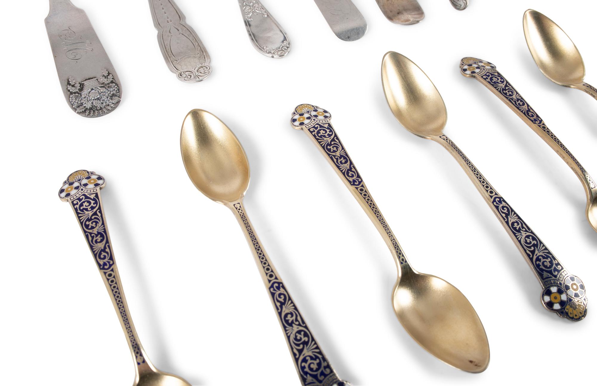A Group of Coin Silver and Enameled Flatware