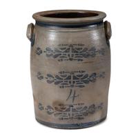 A Four-Gallon Cobalt and Stencil Decorated Stoneware Crock