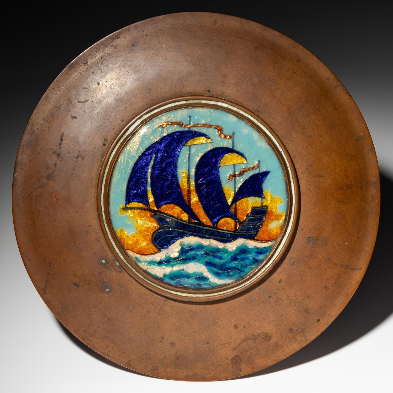 Covered bowl with sailboat silhouette, c. 1920