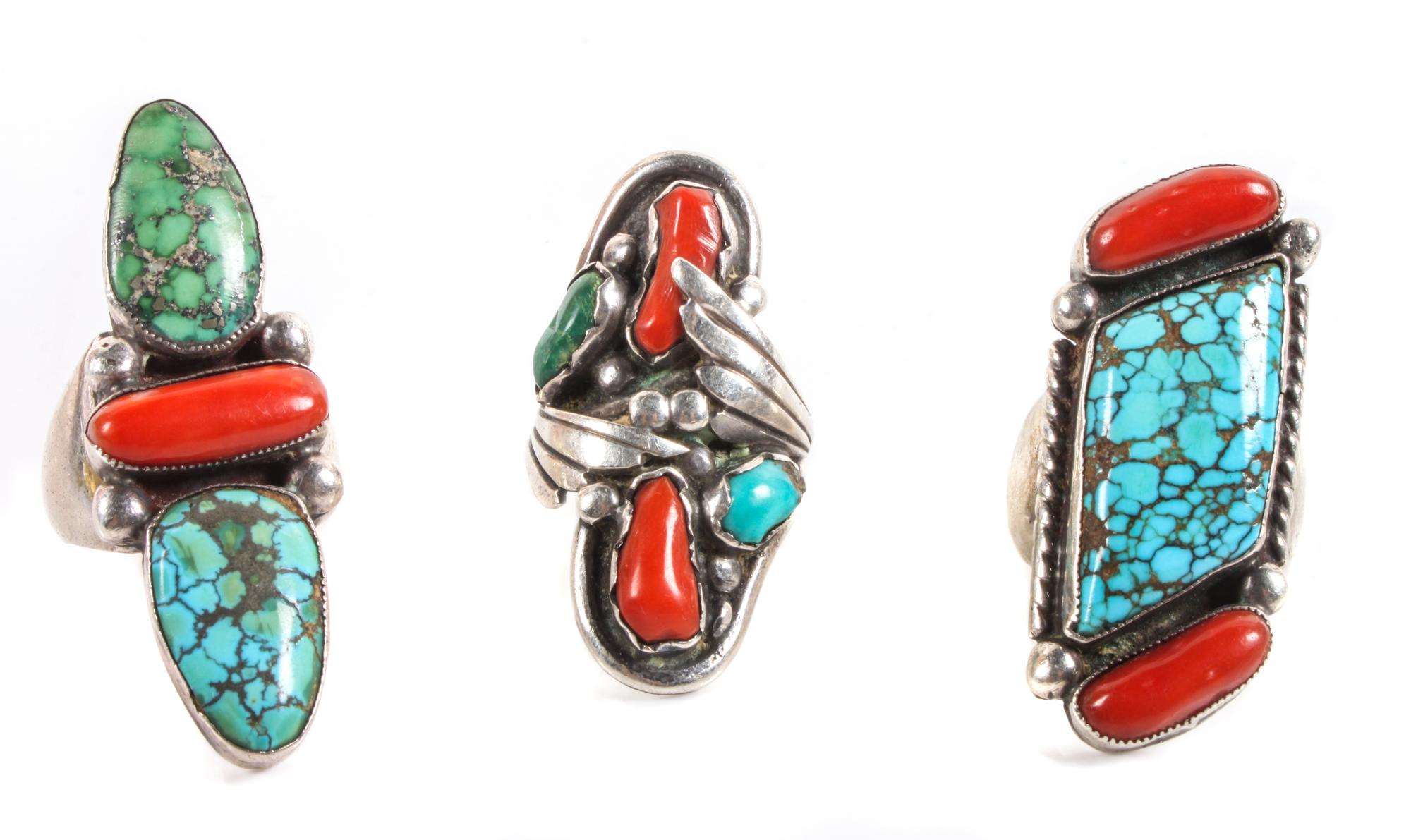 Three Southwestern Silver Turquoise and Coral Rings
