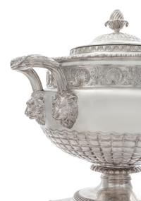 A George III Silver Tea Urn, Paul Storr, London, 1813, the domed lid with a blossom finial, the body with a gadroon and rocaille rim ab