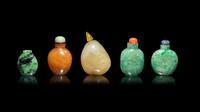 Five Chinese Jadeite and Quartz Snuff Bottles