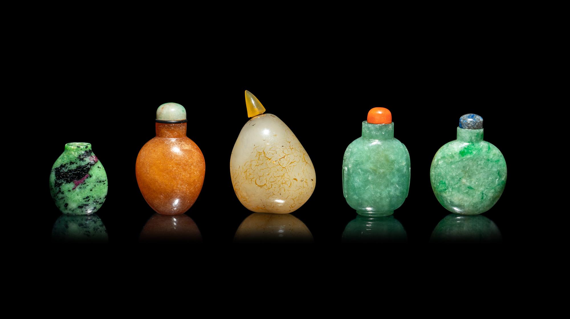 Five Chinese Jadeite and Quartz Snuff Bottles