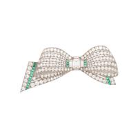 ART DECO, DIAMOND AND EMERALD BOW BROOCH